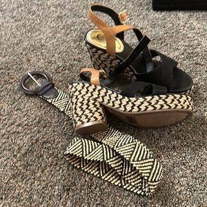 Black and tan wedge sandals, size 8.5